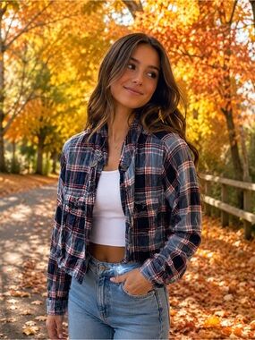 deb Plaid Button-Front Shirt Jacket in Navy, Red & White
